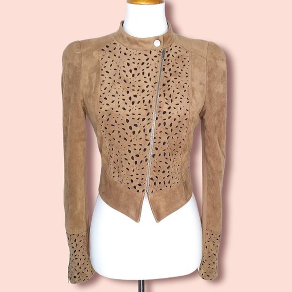 BCBGMaxAzria Jackets & Blazers - BCBGMaxAzria Skyler Faux Suede Cropped Moto Jacket Size Small Laser Cutouts